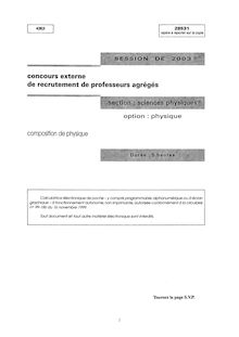 Composition de physique - option physique 2003 Agrégation de sciences physiques Agrégation (Externe)