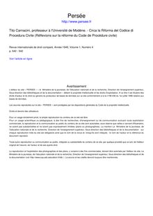 Tito Carnacini, professeur à l Université de Modène. - Circa la Riforma del Codice di Procedura Civile (Réflexions sur la réforme du Code de Procédure civile) - compte-rendu ; n°4 ; vol.1, pg 542-542