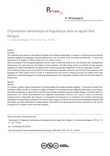 Organisation sémantique et linguistique dans le rappel libre  bilingue - article ; n°1 ; vol.73, pg 115-134