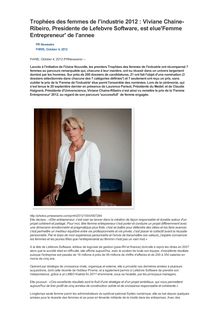 Trophées des femmes de l industrie 2012 : Viviane Chaine-Ribeiro, Presidente de Lefebvre Software, est elue Femme Entrepreneur  de l annee