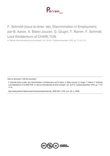F. Schmidt (sous la direc. de), Discrimination in Employment, par B. Aaron, X. Blanc-Jouvan, G. Giugni, T. Ramm. F. Schmidt, Lord Wedderburn of CHARLTON - note biblio ; n°4 ; vol.30, pg 1114-1115