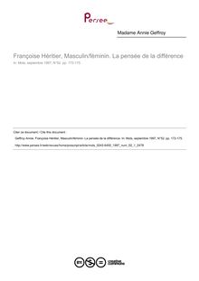 Françoise Héritier, Masculin/féminin. La pensée de la différence  ; n°1 ; vol.52, pg 172-175