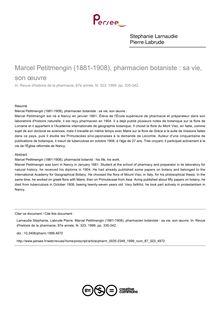 Marcel Petitmengin (1881-1908), pharmacien botaniste : sa vie, son œuvre - article ; n°323 ; vol.87, pg 335-342