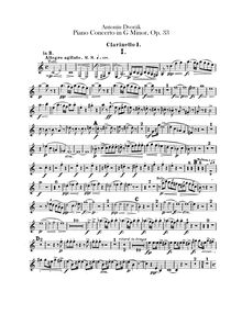 Partition clarinettes 1, 2 (en B♭, A), Piano Concerto, G minor, Dvořák, Antonín