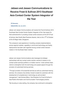 Jebsen and Jessen Communications to Receive Frost & Sullivan 2013 Southeast Asia Contact Center System Integrator of the Year
