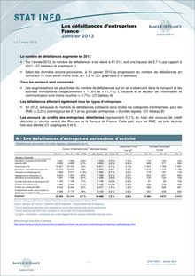 Banque De France: Les défaillances d’entreprises - France - Janvier 2013