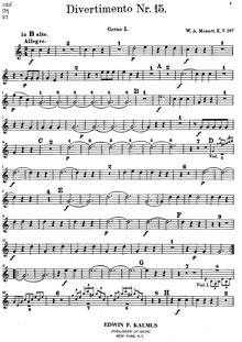 Partition cor 1 (en B♭ alto, F), Divertimento, Divertimento No.15 ; Lodron Serenade No 2