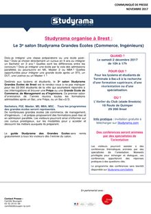 Studyrama organise le 3e salon Grandes Écoles (commerce, ingénieurs) à Brest, le samedi 2 décembre 2017