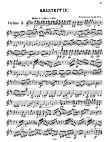 Partition violon 2, corde quatuor No.3, Op.44 No.1, D Major, Mendelssohn, Felix
