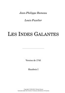Partition hautbois 1, Les Indes galantes, Opéra-ballet, Rameau, Jean-Philippe par Jean-Philippe Rameau