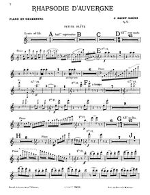 Partition Piccolo, Rhapsodie d Auvergne, Op.73, Saint-Saëns, Camille
