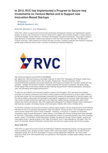 In 2012, RVC has Implemented a Program to Secure new Investments on Venture Market and to Support new Innovation-Based Startups