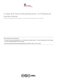 H. Solus et R. Perrot, Droit judiciaire privé, t. III, Procédure de première instance  - note biblio ; n°4 ; vol.43, pg 951-953