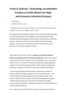 Frost & Sullivan: Technology Acceleration Creates a Fertile Market for High-performance Industrial Greases