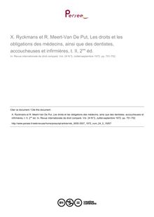 Ryckmans et R. Meert-Van De Put, Les droits et les obligations des médecins, ainsi que des dentistes, accoucheuses et infirmières, t. II, 2 éd. - note biblio ; n°3 ; vol.24, pg 751-752