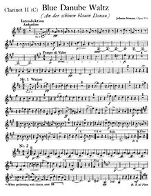 Partition clarinette 2 (C), pour Blue Danube, Op. 314, On the Beautiful Blue Danube - WalzesAn der schönen blauen Donau