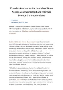 Elsevier Announces the Launch of Open Access Journal: Colloid and Interface Science Communications
