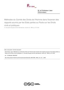 Méthodes du Comité des Droits de l Homme dans l examen des rapports soumis par les Etats parties au Pacte sur les Droits civils et politiques - article ; n°1 ; vol.34, pg 331-363