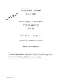 Sujet du bac ES 2008: Enseigement Scientifique