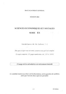 Baccalaureat 2002 sciences economiques et sociales (ses) specialite sciences economiques et sociales