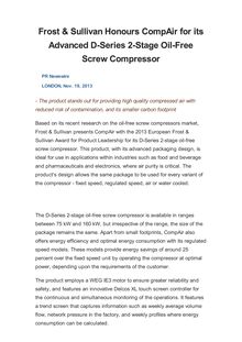 Frost & Sullivan Honours CompAir for its Advanced D-Series 2-Stage Oil-Free Screw Compressor