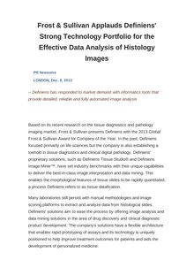 Frost & Sullivan Applauds Definiens  Strong Technology Portfolio for the Effective Data Analysis of Histology Images