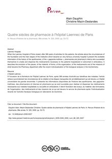 Quatre siècles de pharmacie à l hôpital Laennec de Paris - article ; n°325 ; vol.88, pg 53-72