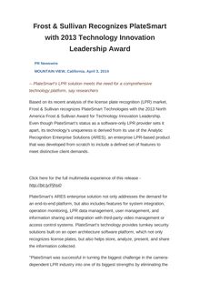 Frost & Sullivan Recognizes PlateSmart with 2013 Technology Innovation Leadership Award