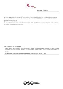 Boris-Matthieu Petric, Pouvoir, don et réseaux en Ouzbékistan post-soviétique  ; n°1 ; vol.34, pg 203-205