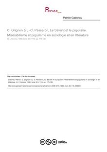 C. Grignon & J.-C. Passeron, Le Savant et le populaire. Misérabilisme et populisme en sociologie et en littérature  ; n°116 ; vol.30, pg 179-180