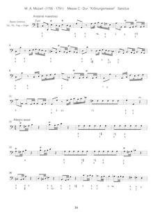 Partition Continuo (violoncelles, Basses, clavier), Mass, Krönungsmesse&nbsp;; Coronation Mass&nbsp;; Mass No.15&nbsp;; Missa par Wolfgang Amadeus Mozart