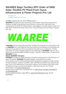 WAAREE Bags Turnkey EPC Order of 5MW Solar Thinfilm PV Plant From Taxus Infrastructure & Power Projects Pvt. Ltd