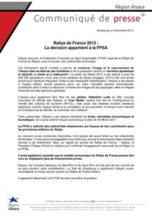 Rallye de France 2015 : Communiqué de la région Alsace à la FFSA