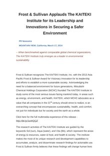 Frost & Sullivan Applauds The KAITEKI Institute for its Leadership and Innovations in Securing a Safer Environment