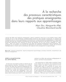 À la recherche des processus caractéristiques des pratiques enseignantes dans leurs rapports aux apprentissages - article ; n°1 ; vol.148, pg 75-87