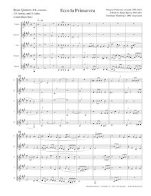 Partition , Ecco la Primavera2 E♭ cornets, 2 E♭ cornes, E♭ tuba (contrebasse line), madrigaux pour 5 voix