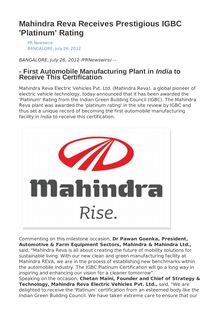 Mahindra Reva Receives Prestigious IGBC  Platinum  Rating