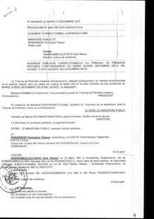 RANARISON Tsilavo jugement du 15 decembre 2015 du tribunal correctionnel d Antananarivo avec l  extrait plumitif VF et VM