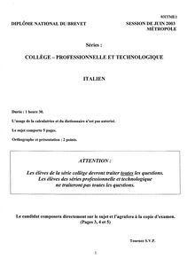 Diplôme National du Brevet - Épreuve: Italien - Séries: Collège - Professionnelle et technologique