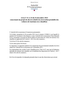 Autorité de la concurrence : Avis n° 13 a-23 du 16 décembre 2013 concernant un projet de décret relatif à la réservation préalable des voitures de tourisme