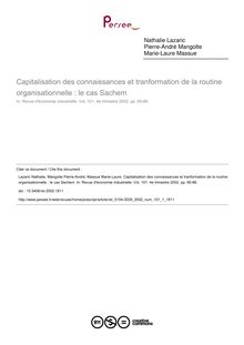 Capitalisation des connaissances et tranformation de la routine organisationnelle : le cas Sachem - article ; n°1 ; vol.101, pg 65-86