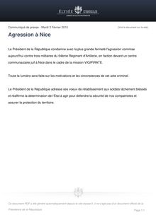 Elysée - Condamnation de l agression du 3 février à Nice