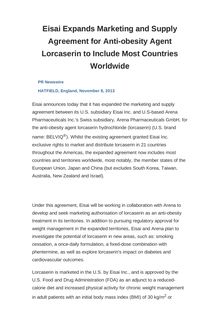 Eisai Expands Marketing and Supply Agreement for Anti-obesity Agent Lorcaserin to Include Most Countries Worldwide