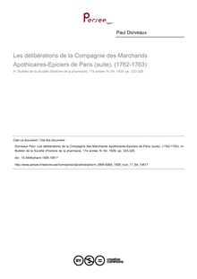 Les délibérations de la Compagnie des Marchands Apothicaires-Epiciers de Paris (suite), (1762-1763) - article ; n°64 ; vol.17, pg 323-328