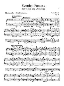Partition violoncelles / Basses, Schottische Fantasie, Fantasie für die Violine mit Orchester und Harfe unter freier Benutzung schottischer Volksmelodien