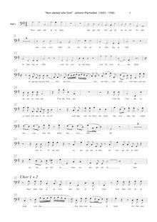 Partition chœur 1: basse 1 , partie, Nun danket alle Gott, Pachelbel, Johann