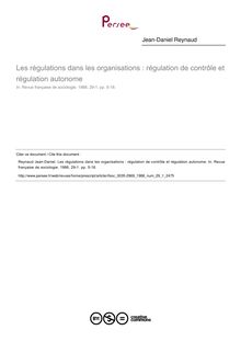 Les régulations dans les organisations : régulation de contrôle et régulation autonome - article ; n°1 ; vol.29, pg 5-18