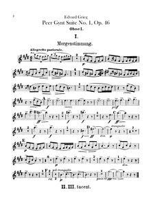 Partition hautbois 1, 2, Peer Gynt  No.1, Op.46, Grieg, Edvard