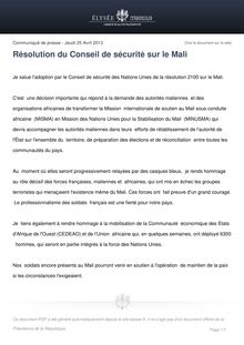 Communiqué de l'Elysée : Résolution du Conseil de sécurité sur le Mali