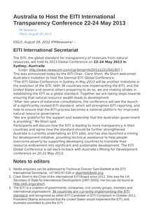 Australia to Host the EITI International Transparency Conference 22-24 May 2013